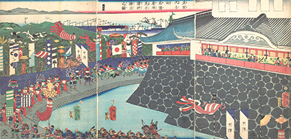Hideyoshi and His Troops Leaving Nagoya Camp, by Yoshitoshi, c.1860s