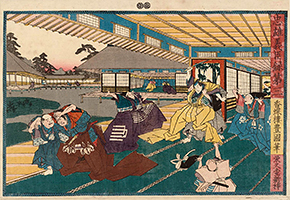 The attack in the palace, Chushingura Act 3, by Kunisada, 1847-48