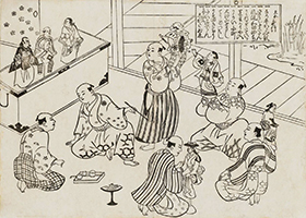 Scene in the Dressing Room of a Puppet Theater, table of contents for the series Famous Scenes from Japanese Puppet Plays (Yamato irotake), by Masanobu, c.1705-06