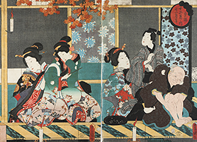 Beauties with Bunraku Puppets, Twelve Month, Moon Viewing Party after September 9th, by Kunisada, 1854