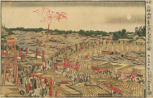 Watching Fireworks in the Cool of the Evening at Ryogoku Bridge, by Hokusai, c.1780s