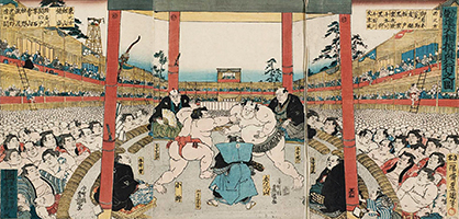 Performance of Sumo Fund-raising Tournament, by Kunisada, c.1843-47