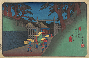 The checkpoint (sekisho) at Fukushima Station on the Kisokaido, by Hiroshige, c.1837