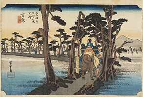 Yoshiwara (A place along the Tokaido, not the brothel district in Edo): Fujiyama on the left (station 15), by Hiroshige, c.1833