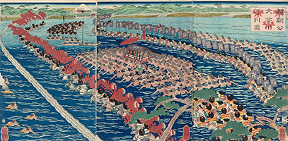 Lord Yoritomo and His Entourage Ford the Ôi River, by Yoshitsuya, 1863