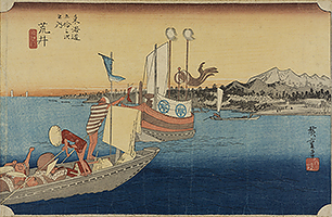 Boats transport passengers between the stations of Arai and Maisaka., by Hiroshige, c.1833