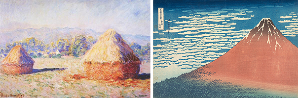 Grainstacks in the Sunlight, Morning Effect, by Monet, 1890, and Clear Day with a Southern Breeze (Red Fuji), by Hokusai, 1831