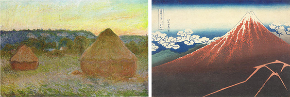 Wheatstacks, by Monet, 1890-91, Art Institute of Chicago, and Sudden Rain Beneath the Summit, by Hokusai, c.1831